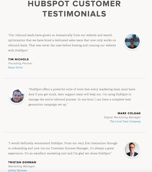 HubSpot的客戶評(píng)價(jià)頁(yè)面突出顯示了客戶積極正面的評(píng)價(jià)，給新的潛在客戶灌輸對(duì)HubSpot的信任。
